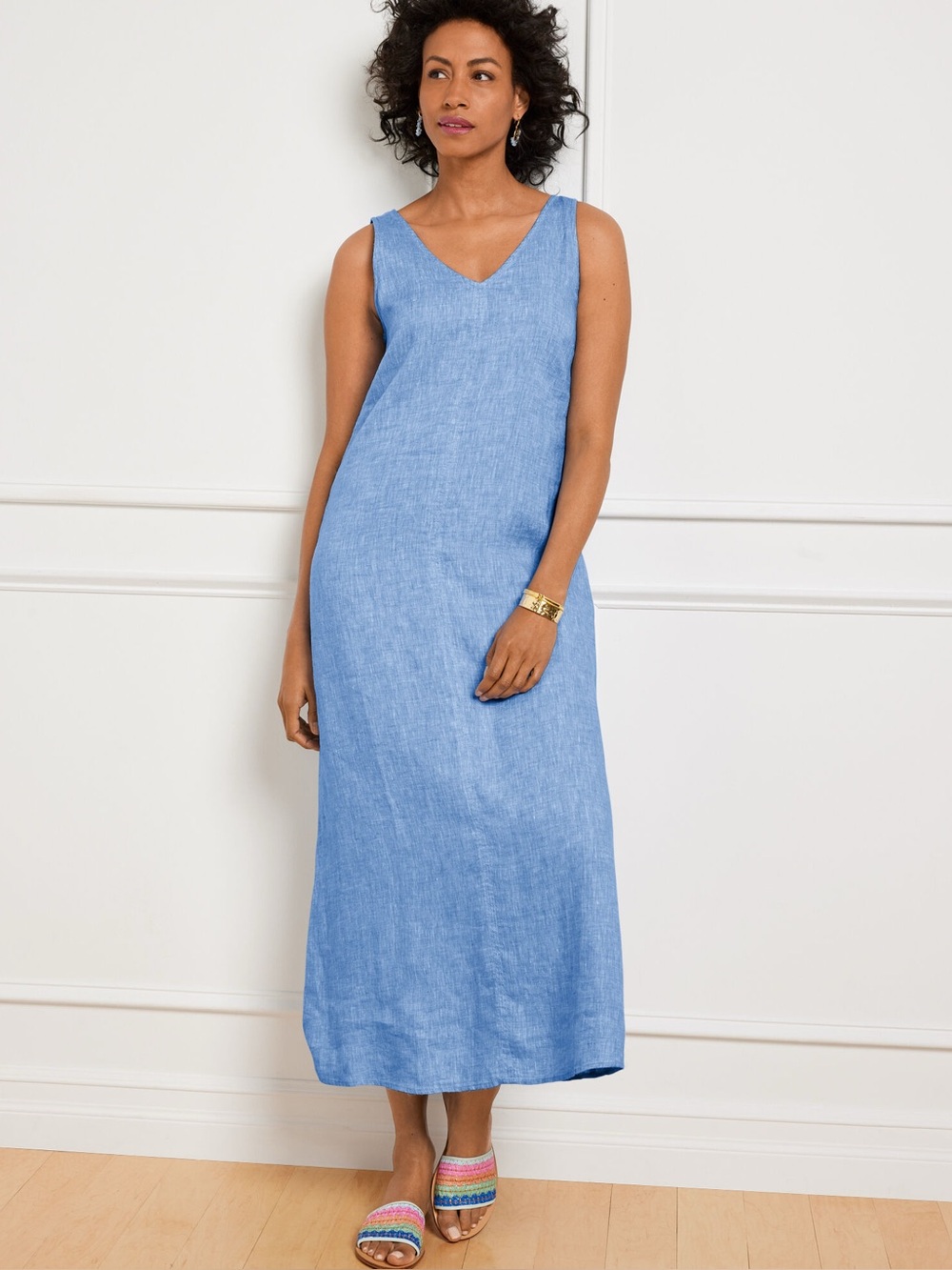 Talbots blue linen vneck sleeveless maxi dress 8